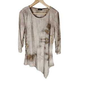 COCOMO Brown Tie-Dye Print Sequins Bling Asymmetrical Hem 3/4 Sleeve Top SZ L/XL